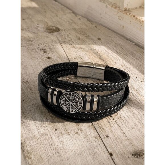 No Brand Jewelry - Vegvísir Compass Bracelet – Black Braided Vegan Leather